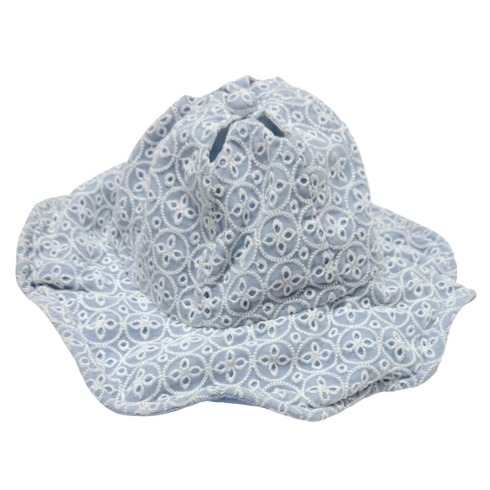 Happyland Baby Sun Hat Blue White Eyelet Flower Adjustable Rim Toddler 18 24 M